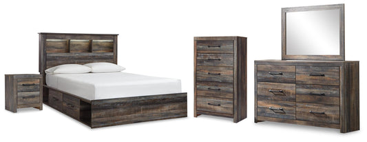 Drystan Queen Bookcase Bed with 2 Storage Drawers, Dresser, Mirror, Chest and Nightstand