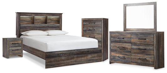 Drystan Queen Bookcase Bed, Dresser, Mirror, Chest and Nightstand
