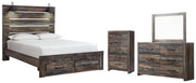 Drystan Queen Panel Bed with 2 Storage Drawers with Mirrored Dresser and Chest
