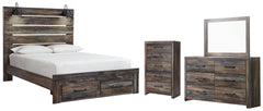 Drystan Queen Panel Bed with 2 Storage Drawers with Mirrored Dresser and Chest