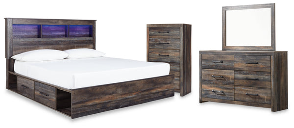 Drystan King Bookcase Bed with 2 Storage Drawers with Mirrored Dresser and Chest