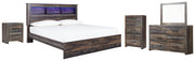 Drystan King Panel Bookcase Bed with Mirrored Dresser, Chest and Nightstand