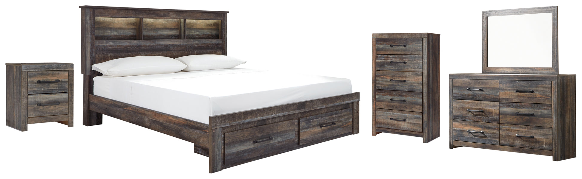 Drystan King Bookcase Bed with 2 Storage Drawers with Mirrored Dresser, Chest and Nightstand