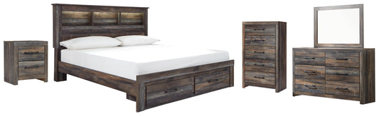 Drystan King Bookcase Bed with 2 Storage Drawers with Mirrored Dresser, Chest and Nightstand