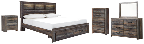 Drystan King Bookcase Bed with 2 Storage Drawers with Mirrored Dresser, Chest and Nightstand