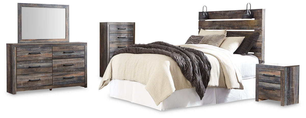 Drystan Queen Panel Headboard Bed with Mirrored Dresser, Chest and Nightstand