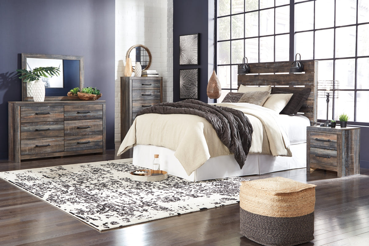 Drystan Queen Panel Headboard Bed with Mirrored Dresser, Chest and Nightstand