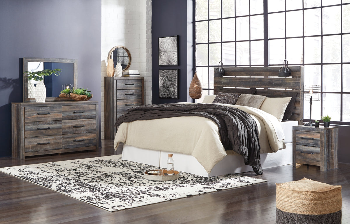 Drystan King Panel Headboard Bed with Mirrored Dresser, Chest and Nightstand