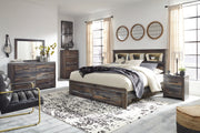 Drystan Queen Bookcase Bed with 2 Storage Drawers with Mirrored Dresser and Chest