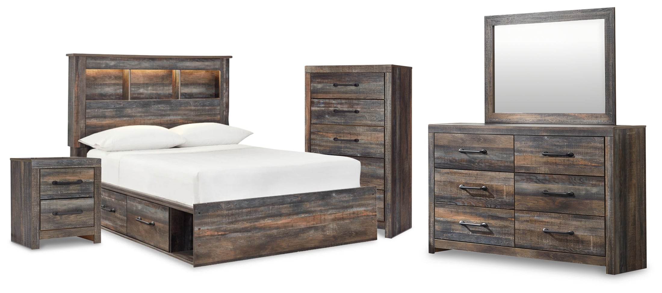Drystan Full Bookcase Bed with 2 Storage Drawers with Mirrored Dresser, Chest and Nightstand
