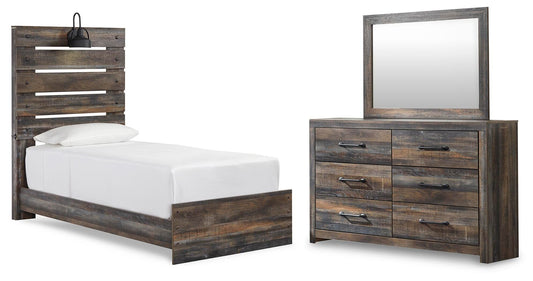 Drystan Twin Panel Bed with Mirrored Dresser
