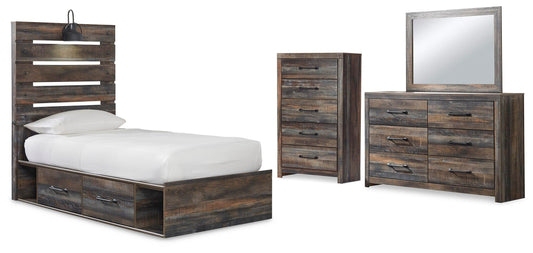Drystan Twin Panel Bed with 4 Storage Drawers, Dresser, Mirror and Chest