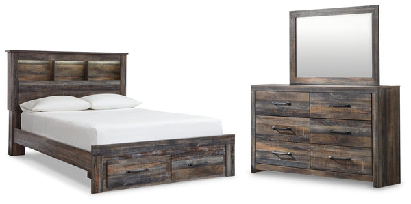 Drystan Queen Bookcase Bed with 2 Storage Drawers with Mirrored Dresser