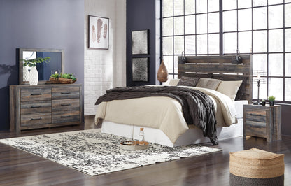 Drystan King Panel Headboard with Metal Frame, Dresser, Mirror, and Nightstand