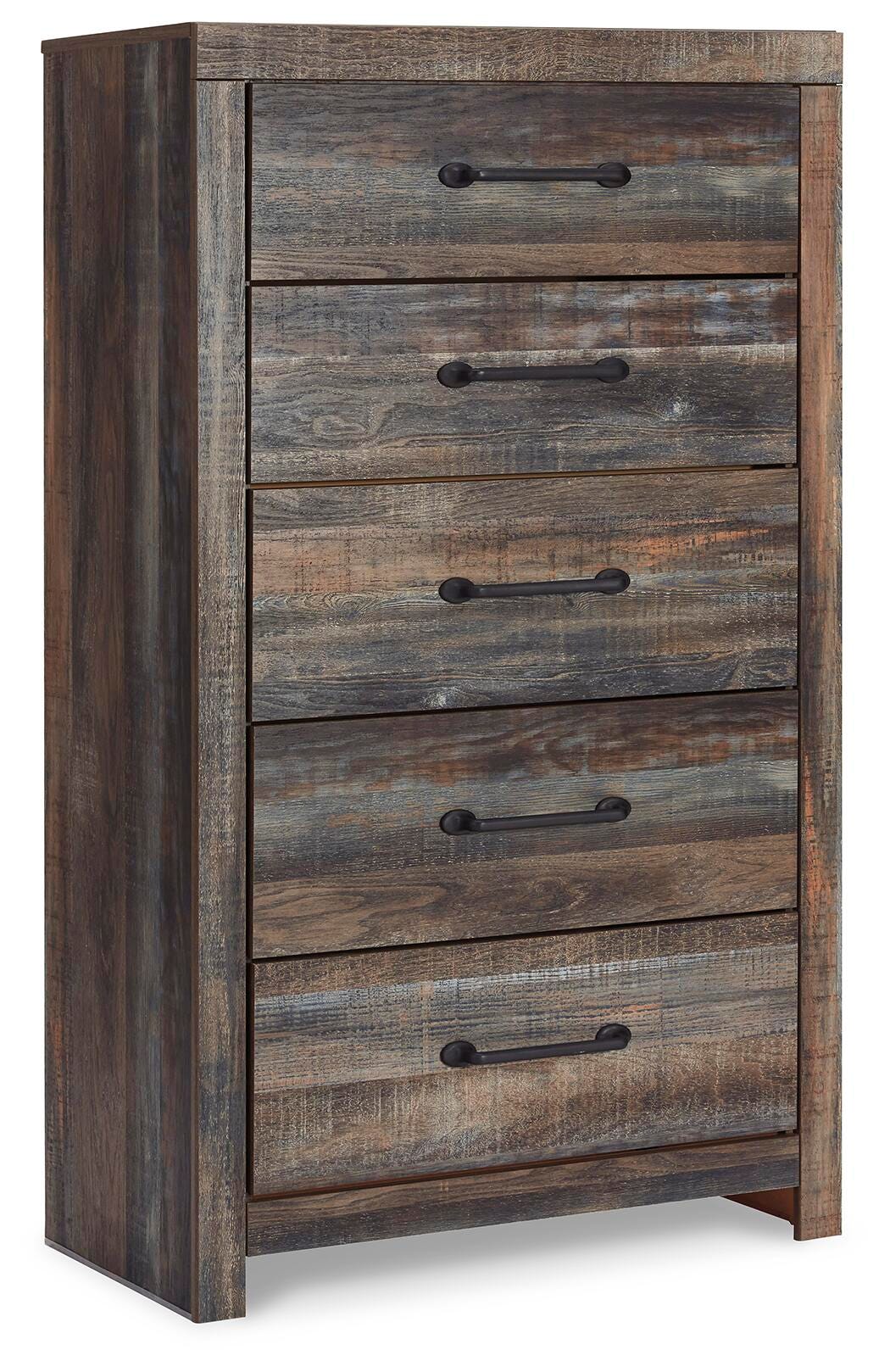 Drystan Queen Panel Bed with 2 Storage Drawers, Dresser, Mirror and Chest