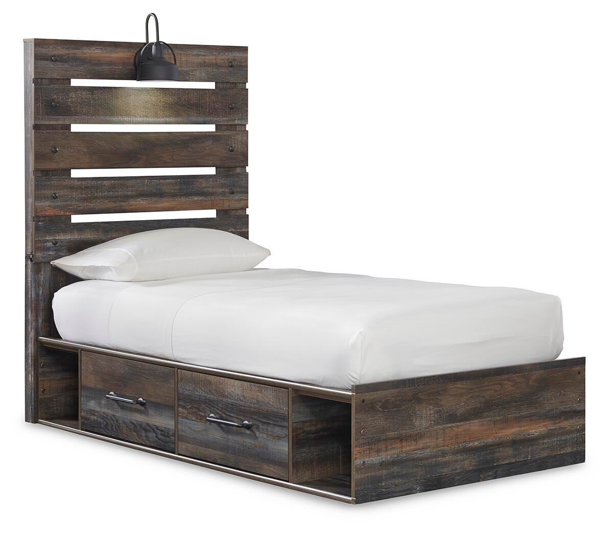 Drystan Twin Panel Bed with 4 Storage Drawers, Dresser, Mirror and Chest