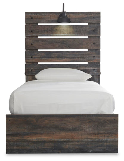 Drystan Twin Panel Bed with 4 Storage Drawers, Dresser, Mirror and Chest