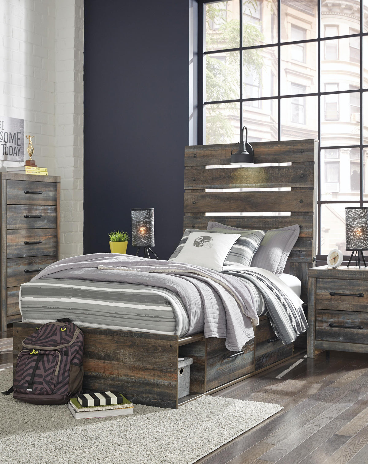 Drystan Twin Panel Bed with 4 Storage Drawers