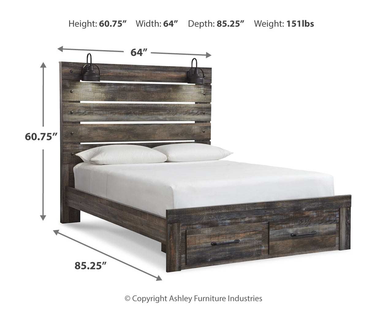 Drystan Queen Panel Bed with 2 Storage Drawers with Mirrored Dresser