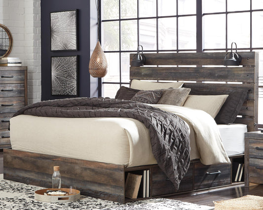 Drystan King Panel Bed with 4 Storage Drawers with Mirrored Dresser