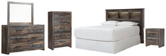 Drystan Queen Bookcase Headboard, Dresser, Mirror, Chest and Nightstand