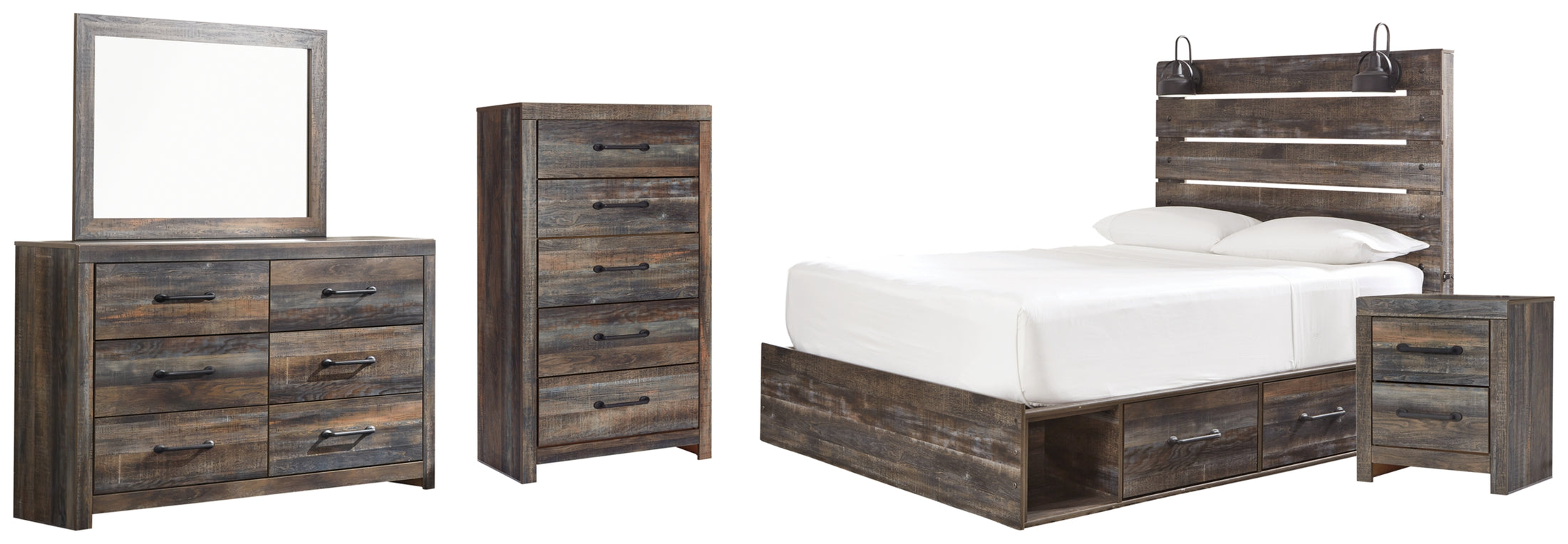 Drystan Queen Panel Bed with 2 Storage Drawers, Dresser, Mirror, Chest and Nightstand