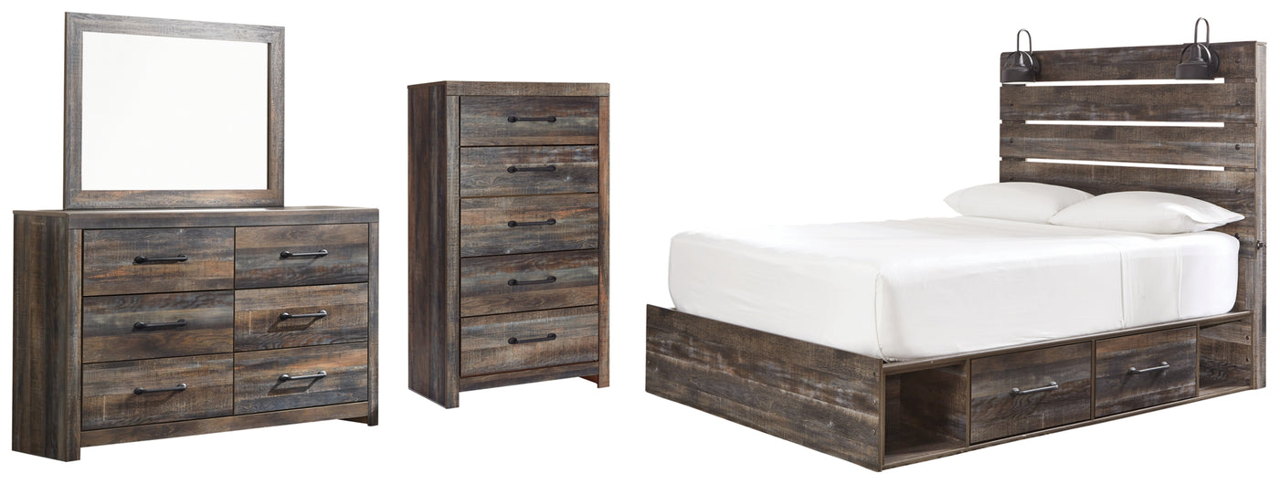 Drystan Queen Panel Bed with 2 Storage Drawers, Dresser, Mirror and Chest