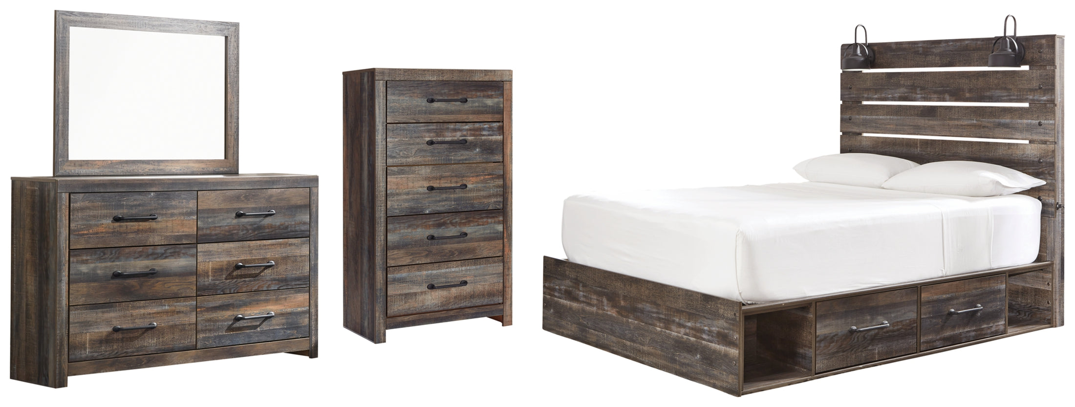 Drystan Queen Panel Bed with 2 Storage Drawers, Dresser, Mirror and Chest