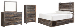 Drystan Queen Panel Bed with 2 Storage Drawers, Dresser, Mirror and Chest