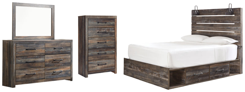 Drystan Queen Panel Bed with 2 Storage Drawers, Dresser, Mirror and Chest