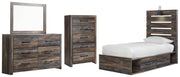Drystan Twin Panel Bed with 4 Storage Drawers, Dresser, Mirror and Chest