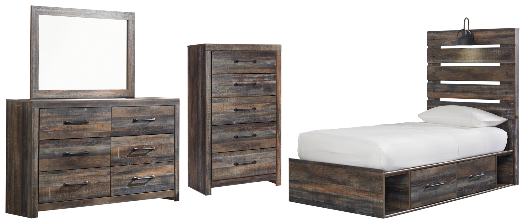 Drystan Twin Panel Bed with 4 Storage Drawers, Dresser, Mirror and Chest