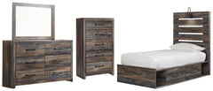 Drystan Twin Panel Bed with 4 Storage Drawers, Dresser, Mirror and Chest