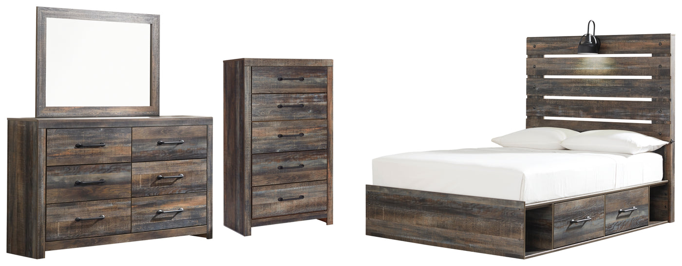 Drystan Full Panel Bed with 4 Storage Drawers, Dresser, Mirror and Chest