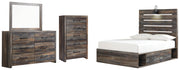 Drystan Full Panel Bed with 4 Storage Drawers, Dresser, Mirror and Chest
