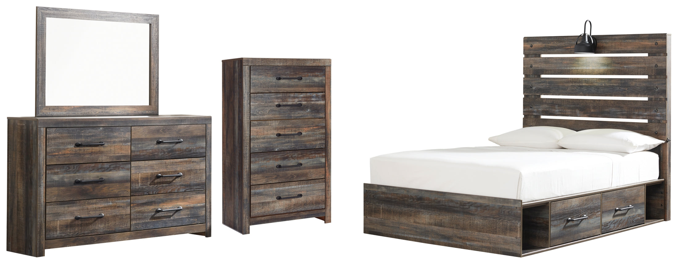 Drystan Full Panel Bed with 4 Storage Drawers, Dresser, Mirror and Chest