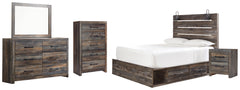 Drystan Queen Panel Bed with 4 Storage Drawers, Dresser, Mirror, Chest and Nightstand
