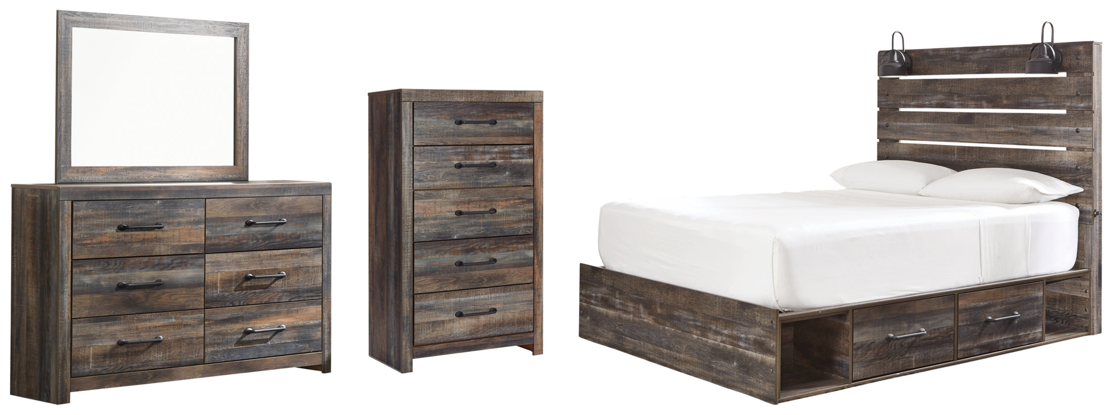 Drystan Queen Panel Bed with 4 Storage Drawers, Dresser, Mirror and Chest