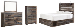 Drystan Queen Panel Bed with 4 Storage Drawers, Dresser, Mirror and Chest