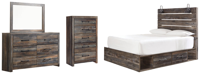 Drystan Queen Panel Bed with 4 Storage Drawers, Dresser, Mirror and Chest