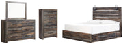 Drystan King Panel Bed with 2 Storage Drawers, Dresser, Mirror and Chest