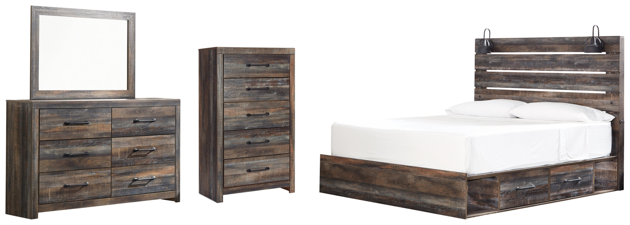 Drystan King Panel Bed with 2 Storage Drawers, Dresser, Mirror and Chest