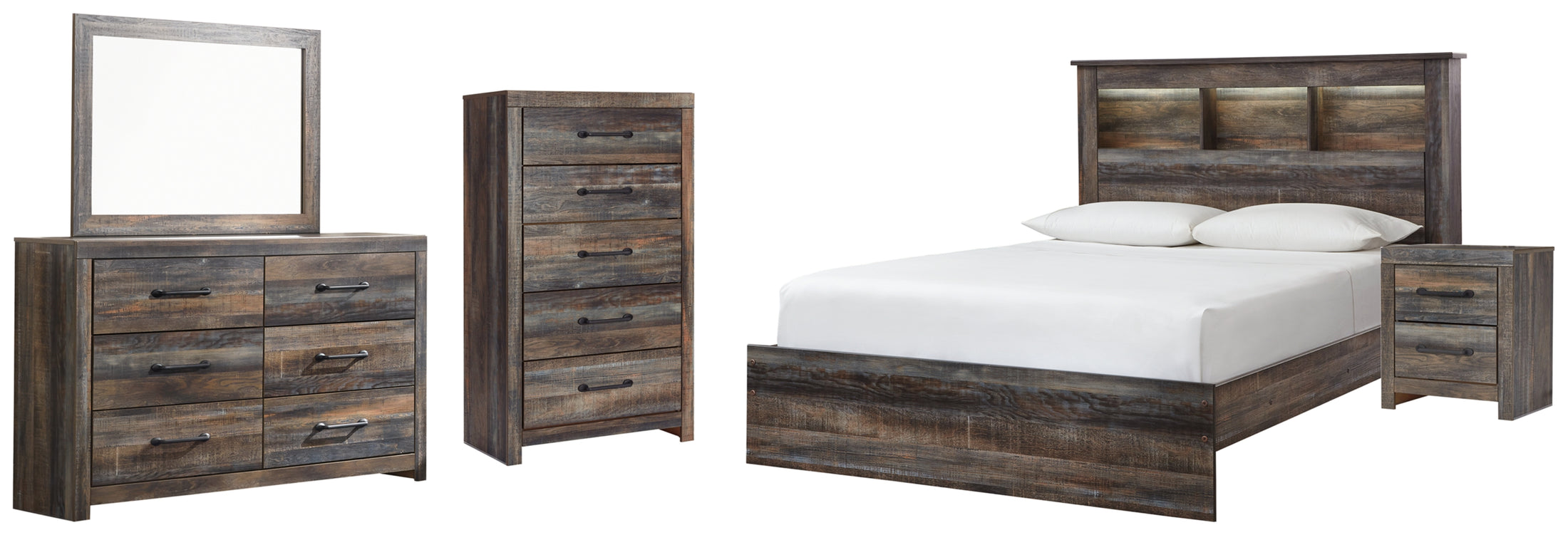 Drystan Queen Bookcase Bed, Dresser, Mirror, Chest and Nightstand