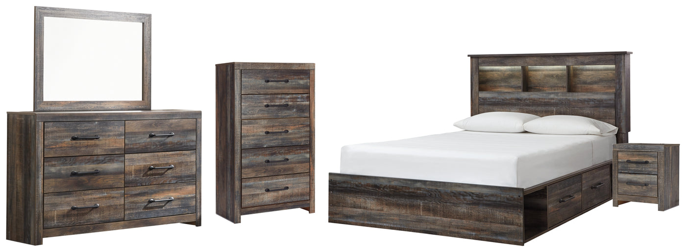 Drystan Queen Bookcase Bed with 2 Storage Drawers, Dresser, Mirror, Chest and Nightstand