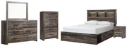 Drystan Queen Bookcase Bed with 2 Storage Drawers, Dresser, Mirror, Chest and Nightstand
