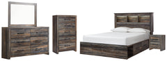 Drystan Queen Bookcase Bed with 2 Storage Drawers, Dresser, Mirror, Chest and Nightstand