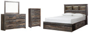 Drystan Queen Bookcase Bed with 2 Storage Drawers, Dresser, Mirror and Chest