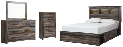 Drystan Queen Bookcase Bed with 2 Storage Drawers, Dresser, Mirror and Chest