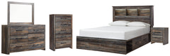 Drystan Queen Bookcase Bed with 4 Storage Drawers, Dresser, Mirror, Chest and Nightstand