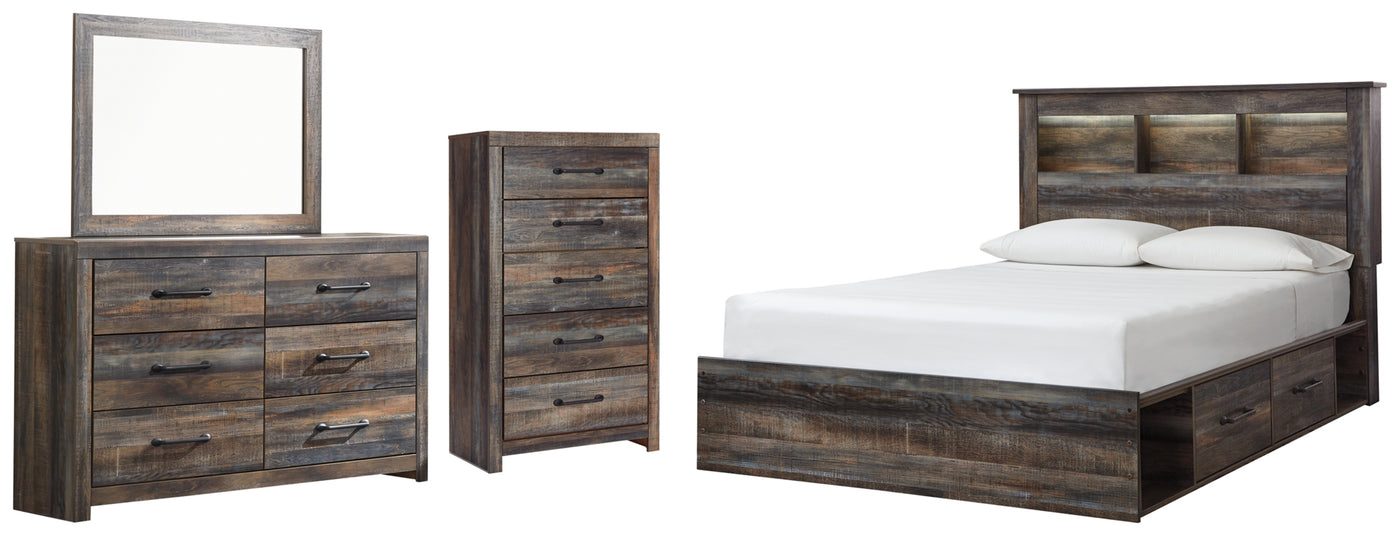 Drystan Queen Bookcase Bed with 4 Storage Drawers, Dresser, Mirror and Chest